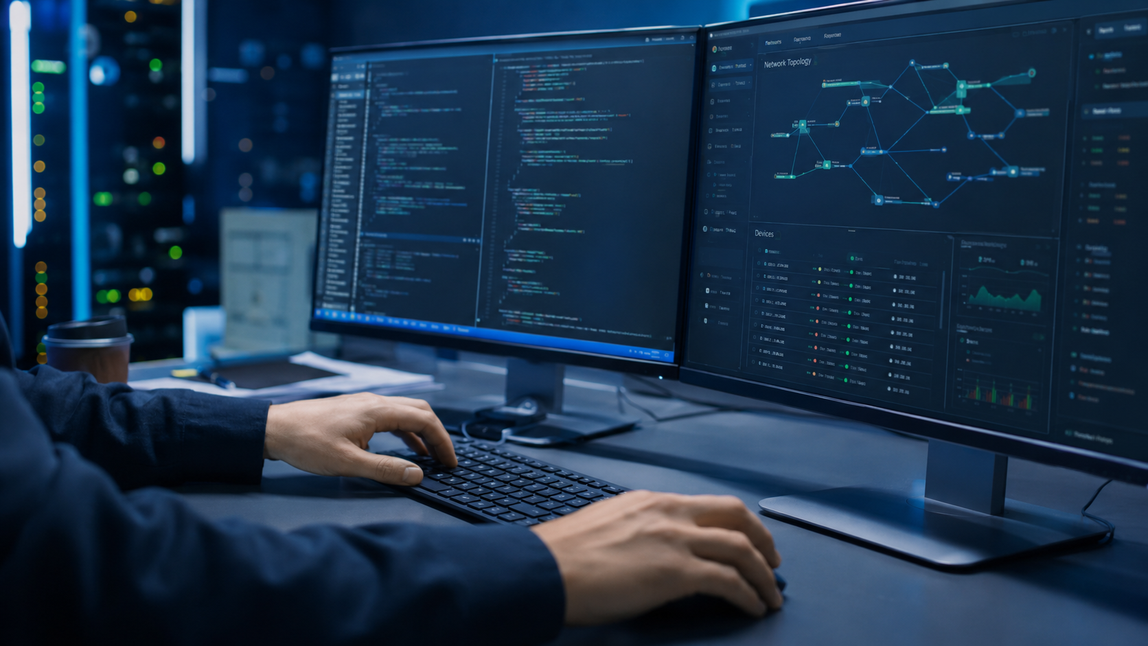 An RDU Digital engineer monitoring code and live network topology across two screens